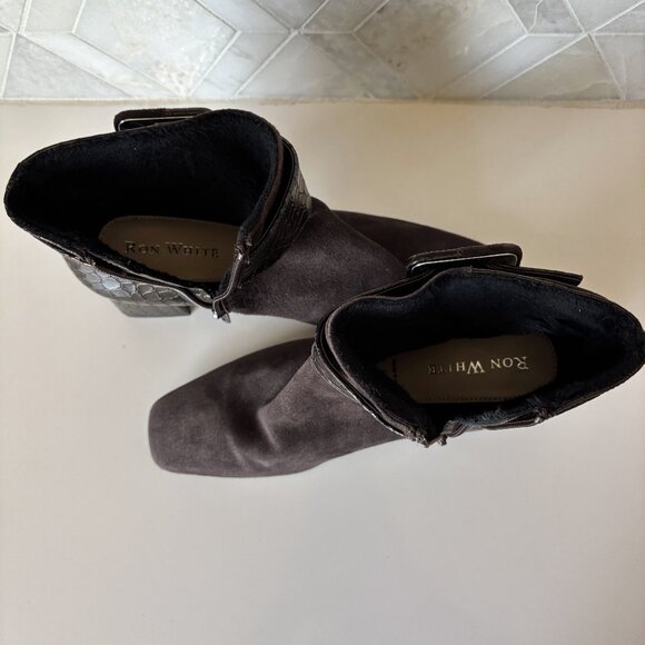 Ron White 38/7.5 Ankle Boot Zipper Block Heel Linzi Brown Croc Cashmere Suede - Picture 8 of 11